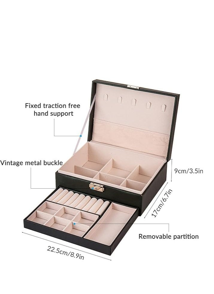 Generic - Jewellery Box 2 Layer Pu Leather Jewellery Boxes For Women Girls Teens Men's Jewelry Box Jewelry Organizer Box Jewelry Storage Box With Lock Removable Divider For Earring Ring Necklace Watch Black - Image 1