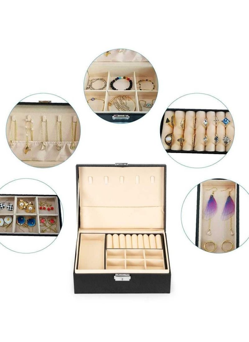 Generic - Jewellery Box 2 Layer Pu Leather Jewellery Boxes For Women Girls Teens Men's Jewelry Box Jewelry Organizer Box Jewelry Storage Box With Lock Removable Divider For Earring Ring Necklace Watch Black - Image 1