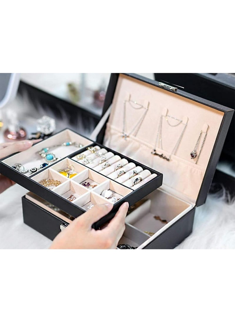 Generic - Jewellery Box 2 Layer Pu Leather Jewellery Boxes For Women Girls Teens Men's Jewelry Box Jewelry Organizer Box Jewelry Storage Box With Lock Removable Divider For Earring Ring Necklace Watch Black - Image 1