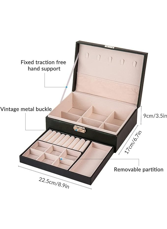 Generic - Jewellery Box 2 Layer Pu Leather Jewellery Boxes For Women Girls Teens Men's Jewelry Box Jewelry Organizer Box Jewelry Storage Box With Lock Removable Divider For Earring Ring Necklace Watch Black - Image 1