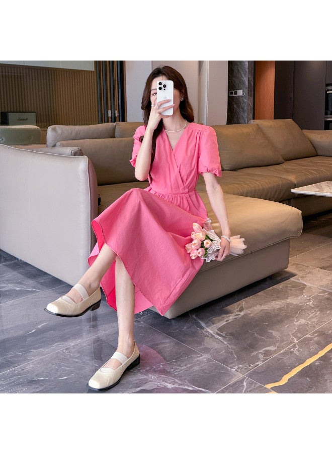 TonLion 2025 Summer Women's V-neck Short Sleeve Slim Fit Dress In Solid Color, Elegant And Versatile Fashionable Long Dress - Image 2