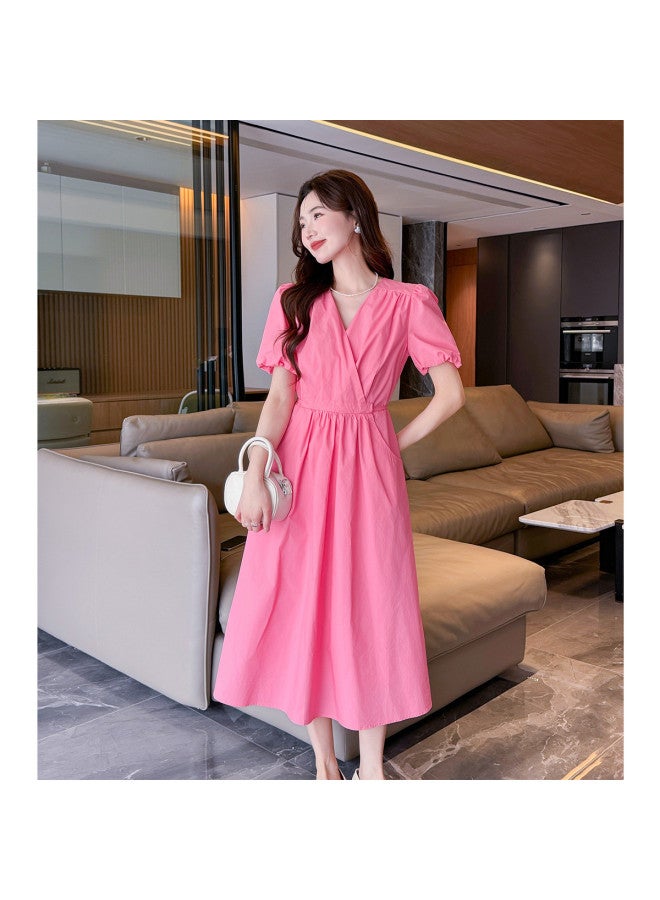 TonLion 2025 Summer Women's V-neck Short Sleeve Slim Fit Dress In Solid Color, Elegant And Versatile Fashionable Long Dress - Image 3