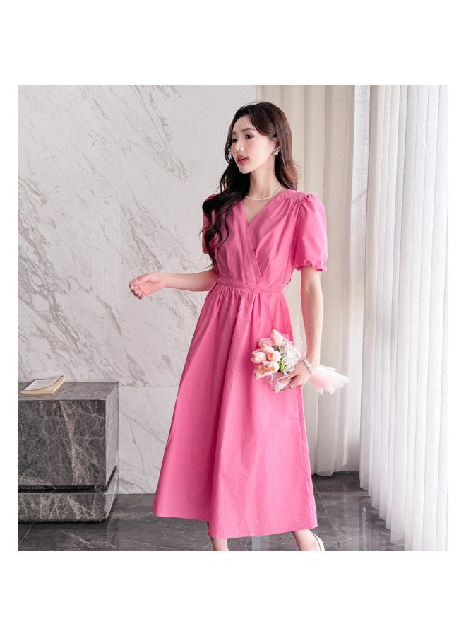 TonLion 2025 Summer Women's V-neck Short Sleeve Slim Fit Dress In Solid Color, Elegant And Versatile Fashionable Long Dress - Image 5