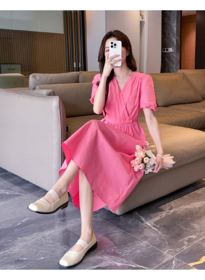 TonLion 2025 Summer Women's V-neck Short Sleeve Slim Fit Dress In Solid Color, Elegant And Versatile Fashionable Long Dress - Image 1