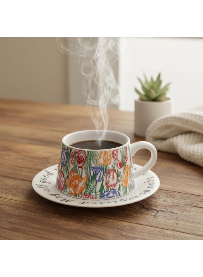 olayks Ceramic Coffee Cup & Saucer Gift Box Set with Spoon, White Vintage Printed Floral Tulip Design, Ideal for Espresso, Tea & Coffee Enthusiasts, Elegant Gift for Home, Office & Special Occasions - Image 5
