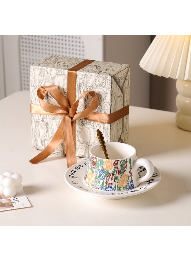 olayks Ceramic Coffee Cup & Saucer Gift Box Set with Spoon, White Vintage Printed Floral Tulip Design, Ideal for Espresso, Tea & Coffee Enthusiasts, Elegant Gift for Home, Office & Special Occasions - Image 1