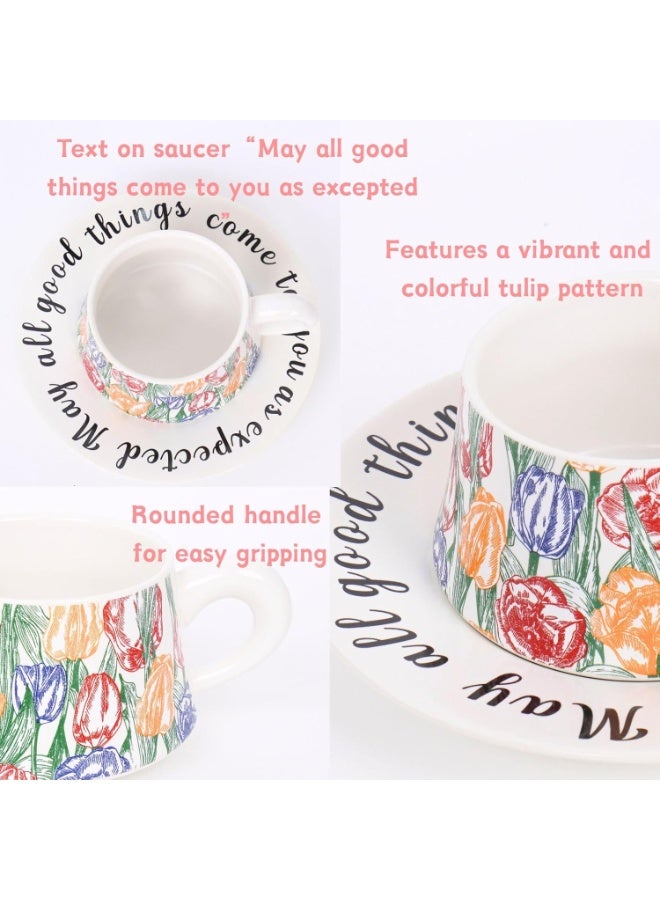 olayks Ceramic Coffee Cup & Saucer Gift Box Set with Spoon, White Vintage Printed Floral Tulip Design, Ideal for Espresso, Tea & Coffee Enthusiasts, Elegant Gift for Home, Office & Special Occasions - Image 3