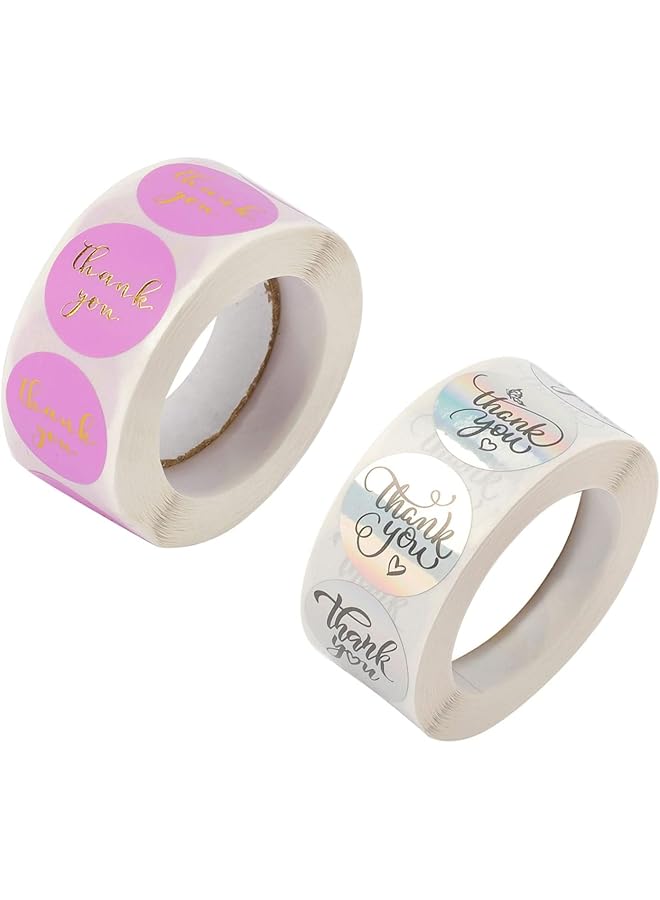 إيروريكس مجموعة من 2 لفافة ملصقات الشكر باللونين الوردي والفضي، 1000 قطعة، ملصقات لتغليف الهدايا وتغليف الخبز وأختام المغلفات والأعمال الصغيرة وحفلات الزفاف وحقيبة تغليف الهدايا 1 - Image 1