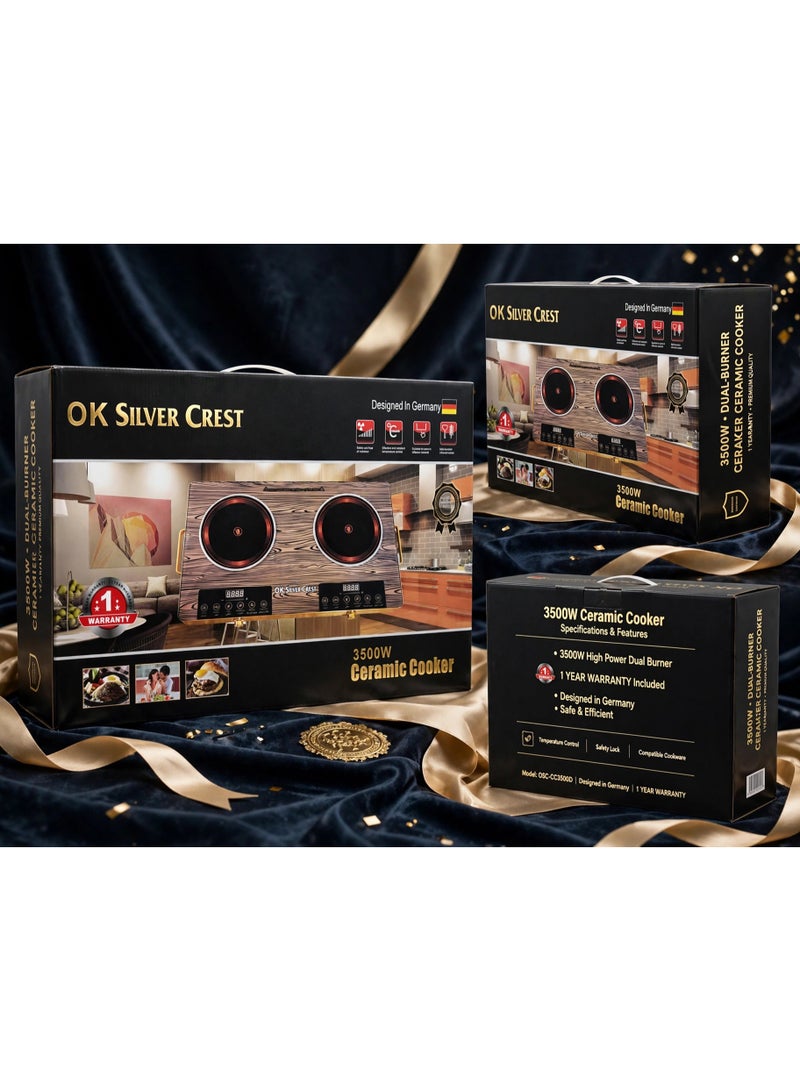SILVER CREST Premium 3500W Double Burner Electric Cooker 3500W double burner electric cooker, designed with ceramic heating surfaces, user-friendly controls, modern appearance, and dependable performance for various cooking tasks. - Image 1