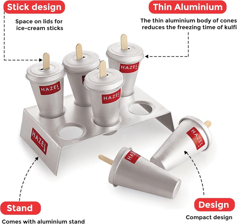 هايزل مجموعة قوالب كولفي من الألمنيوم من هازل ( Aluminium Kulfi Mould Set) تتكون من 6 قوالب و12 عود آيس كريم | أداة قابلة لإعادة الاستخدام لصنع الآيس كريم والمصاصات | قوالب لصنع الحلويات المجمدة المنزلية - Image 3