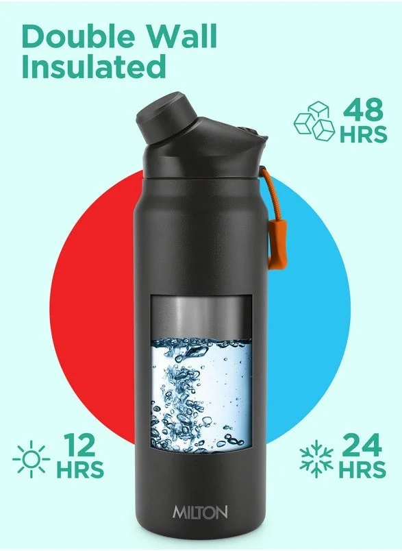 ميلتون MILTON 940ml Vacuum Insulated Water Bottle with Magnetic Straw Lid, Keeps Drinks 12 Hrs Hot & 24 Hrs Cold, 18/8 Stainless Steel, Double-Walled Flask with Inner Copper Coating for Sports - Turk - Black