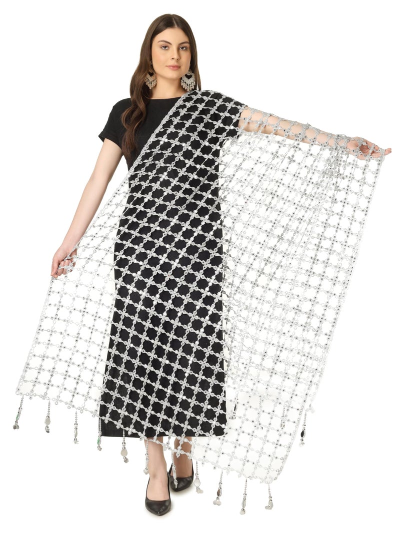 A R Silk DUPATTA HUB Women's Foil Mirror Work With Hand Made Tassels Silve Fancy and Bridal Dupatta(ars01237) - Image 1