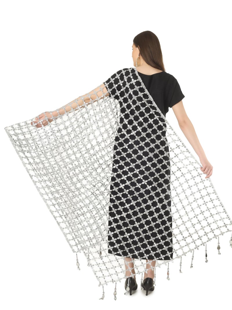 A R Silk DUPATTA HUB Women's Foil Mirror Work With Hand Made Tassels Silve Fancy and Bridal Dupatta(ars01237) - Image 2
