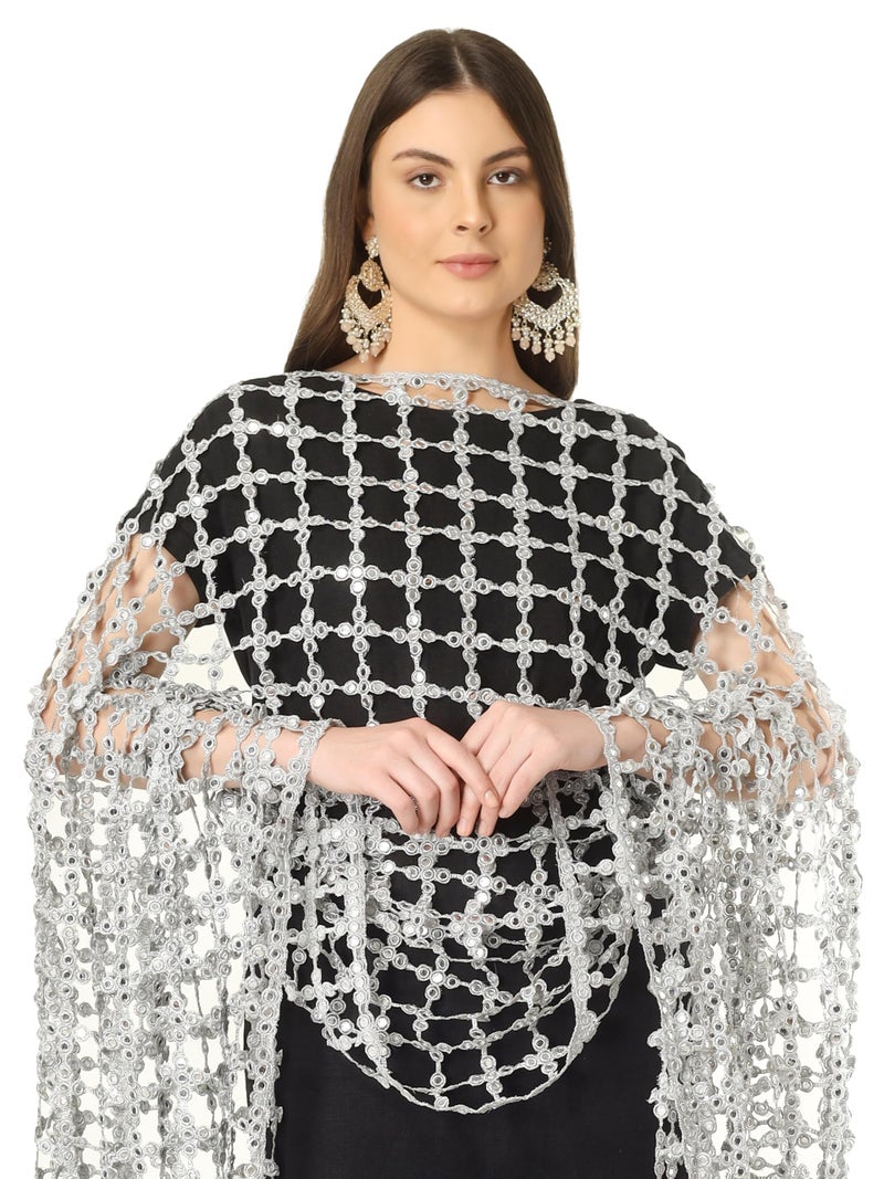 A R Silk DUPATTA HUB Women's Foil Mirror Work With Hand Made Tassels Silve Fancy and Bridal Dupatta(ars01237) - Image 5