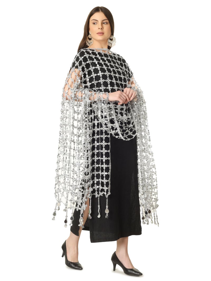 A R Silk DUPATTA HUB Women's Foil Mirror Work With Hand Made Tassels Silve Fancy and Bridal Dupatta(ars01237) - Image 4
