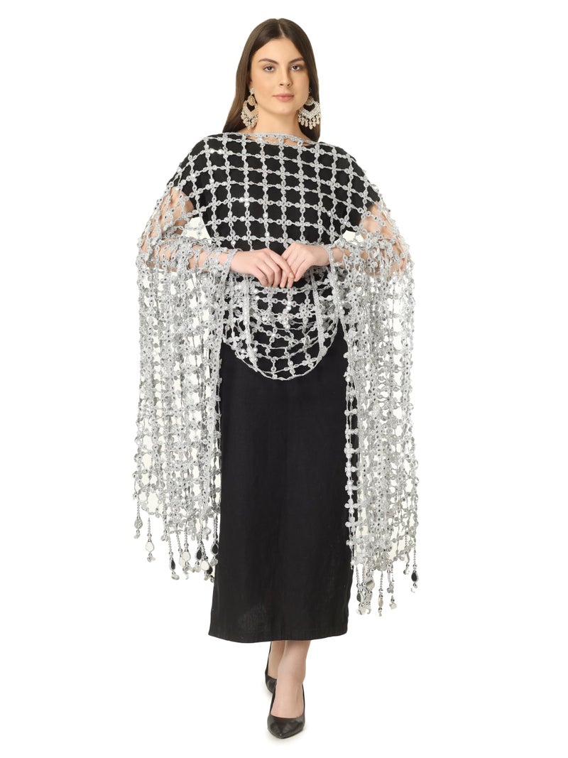 A R Silk DUPATTA HUB Women's Foil Mirror Work With Hand Made Tassels Silve Fancy and Bridal Dupatta(ars01237) - Image 3