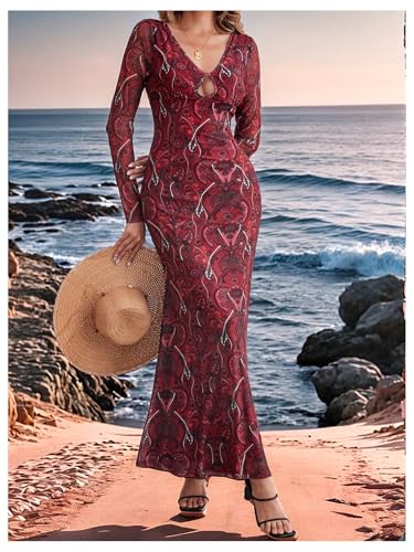 WDIRARA Women's Paisley Print Cut Out Fishtail Maxi Dress Long Sleeve V Neck Western Bodycon Dresses Red Large - Image 3