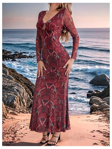WDIRARA Women's Paisley Print Cut Out Fishtail Maxi Dress Long Sleeve V Neck Western Bodycon Dresses Red Large - Image 5
