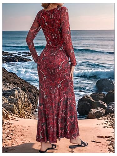 WDIRARA Women's Paisley Print Cut Out Fishtail Maxi Dress Long Sleeve V Neck Western Bodycon Dresses Red Large - Image 4