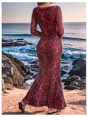 WDIRARA Women's Paisley Print Cut Out Fishtail Maxi Dress Long Sleeve V Neck Western Bodycon Dresses Red Large - Image 2
