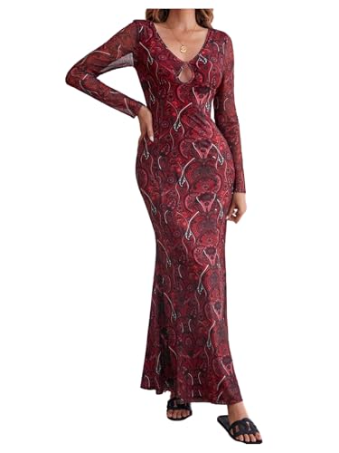 WDIRARA Women's Paisley Print Cut Out Fishtail Maxi Dress Long Sleeve V Neck Western Bodycon Dresses Red Large - Image 1