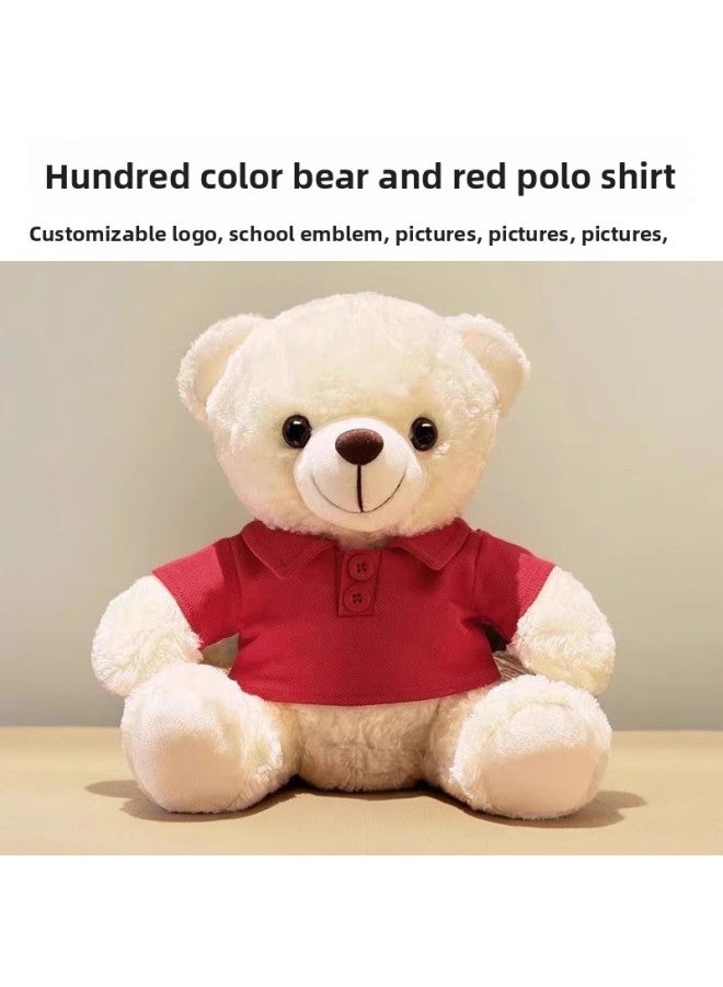 Bear Doll Plush Toy Doll Teddy Bear Doll Dressing Doll Company Activity Gift Printing Logo-Color:Red Polo Shirt [white Bear]-Height:28cm + White Tote Bag