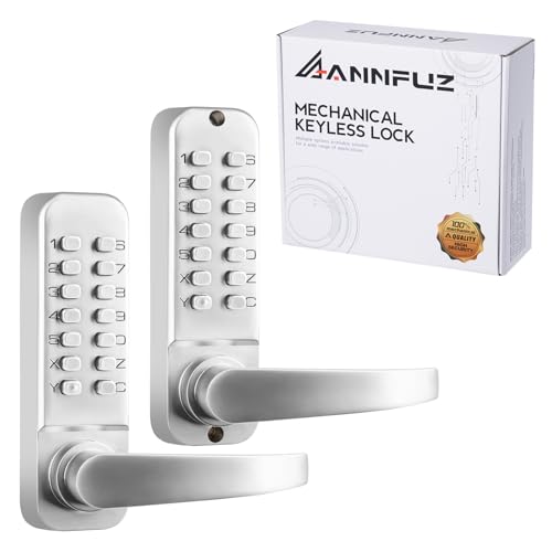 ANNFUZ Mechanical Keyless Entry Door Hanldle Lock with KeypadDoubleSided Push Button Passcode OpeningInterior Exterior Combination Front Door Lever Lock Set for GatesFencesNo BatteryChrome - Image 1