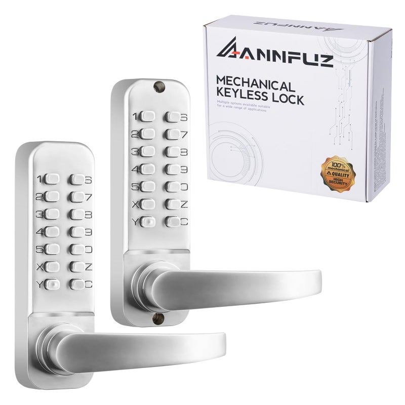 ANNFUZ Mechanical Keyless Entry Door Hanldle Lock with KeypadDoubleSided Push Button Passcode OpeningInterior Exterior Combination Front Door Lever Lock Set for GatesFencesNo BatteryChrome - Image 2