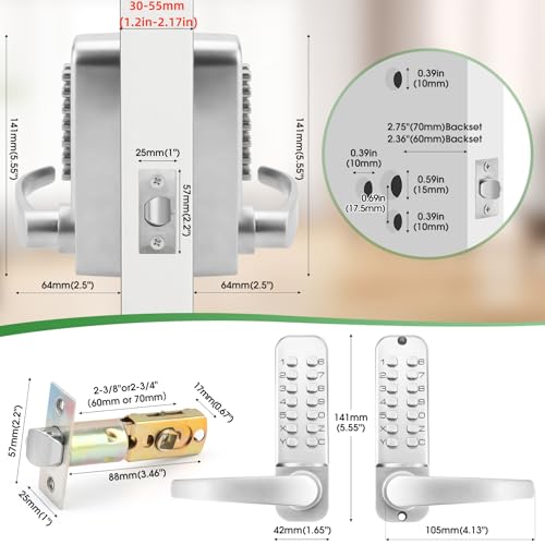 ANNFUZ Mechanical Keyless Entry Door Hanldle Lock with KeypadDoubleSided Push Button Passcode OpeningInterior Exterior Combination Front Door Lever Lock Set for GatesFencesNo BatteryChrome - Image 3
