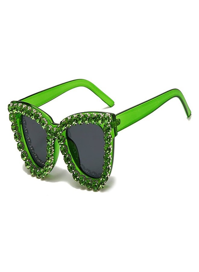 willochra cute Colorful Diamond Women Party Rhinestone Cat Eyes Gradient Sun glasses Shades for women, Green, Medium - Image 2
