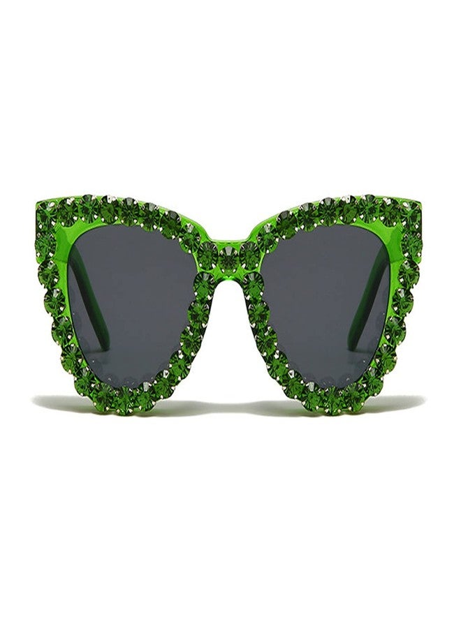 willochra cute Colorful Diamond Women Party Rhinestone Cat Eyes Gradient Sun glasses Shades for women, Green, Medium - Image 1