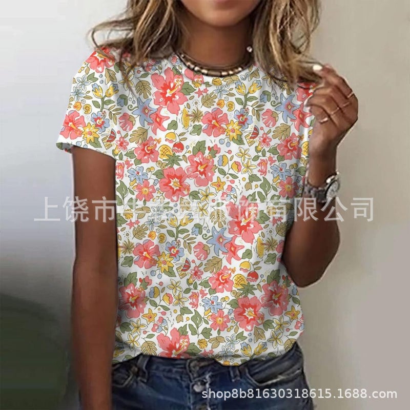 Summer 3Dt Shirt Short Sleeve Leisure Floral Wind Printing Ladies Short Sleeve T-Shirt - Image 1
