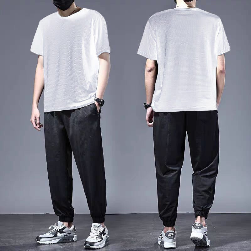 Mens Ice Silk Short Sleeve Suit Summer Thin Mesh Quick Dry Loose Fit T-shirt Shorts Sport Casual 2-piece Set White top  - Image 4