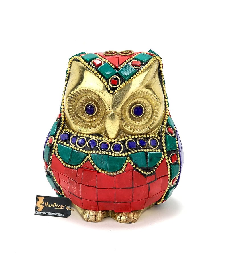 Two Moustaches Gemstone Work Vintage Brass Owl Decor Showpiece Owl Showpieces for Home Decor Owl Statue for Good Luck Owl Figurines for Home Decor Standard Pack of 1 - Image 1