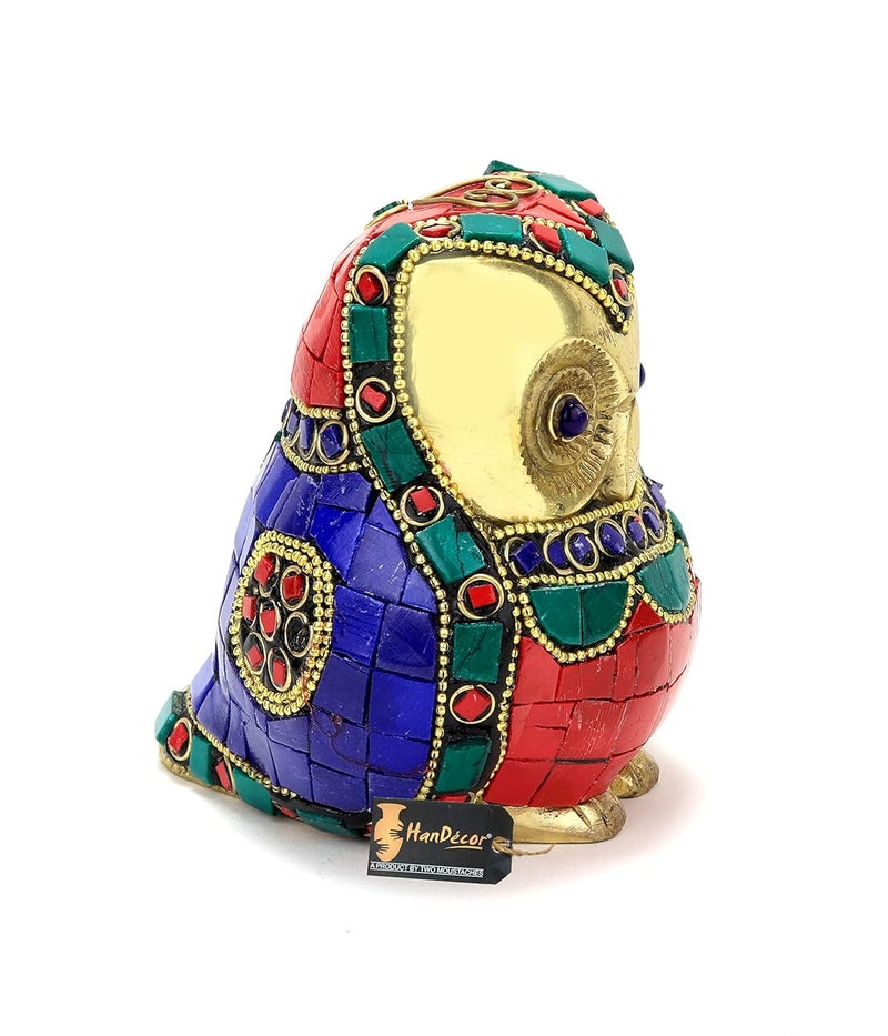 Two Moustaches Gemstone Work Vintage Brass Owl Decor Showpiece Owl Showpieces for Home Decor Owl Statue for Good Luck Owl Figurines for Home Decor Standard Pack of 1 - Image 2