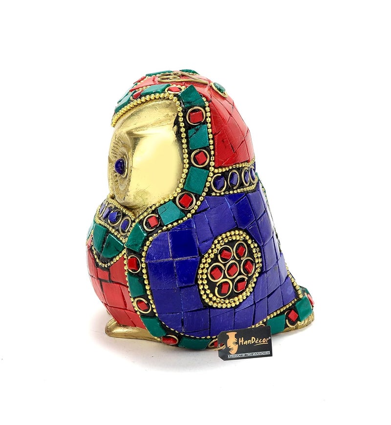 Two Moustaches Gemstone Work Vintage Brass Owl Decor Showpiece Owl Showpieces for Home Decor Owl Statue for Good Luck Owl Figurines for Home Decor Standard Pack of 1 - Image 3
