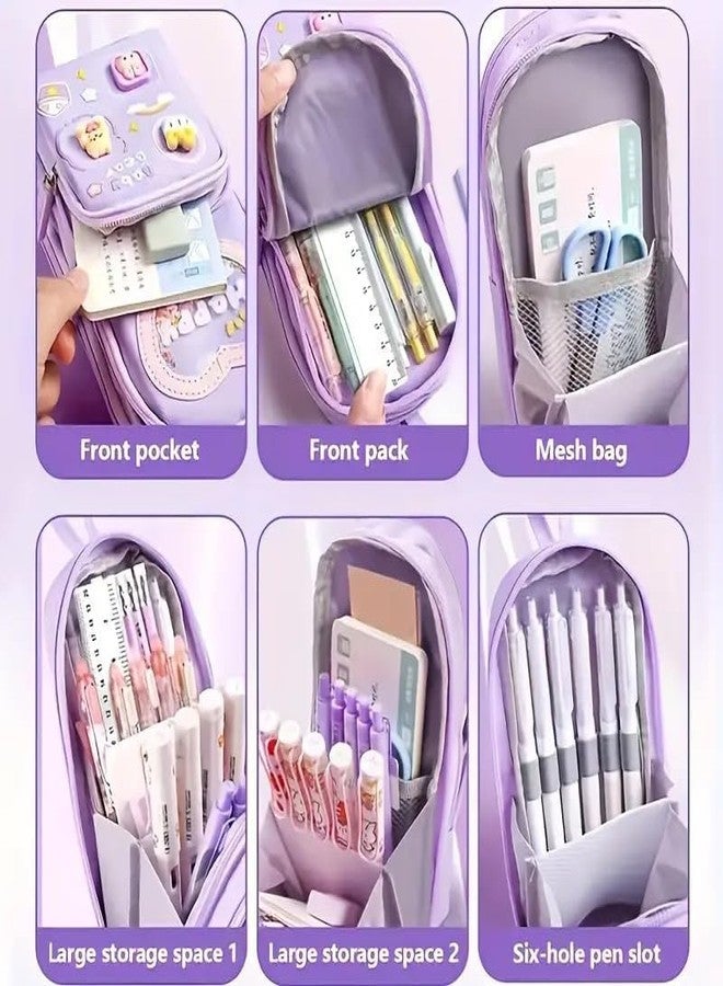 Heattack Premium Pencil Case with 3 Compartment Cute Pen Pencil Pouch Canvas Zipper Pencil Box Happy Time Purple Large Capacity Multifunctional Stationary Pouch Organizer for Girls School Kids Gift - Image 2