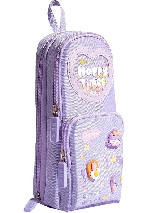 Heattack Premium Pencil Case with 3 Compartment Cute Pen Pencil Pouch Canvas Zipper Pencil Box Happy Time Purple Large Capacity Multifunctional Stationary Pouch Organizer for Girls School Kids Gift - Image 1