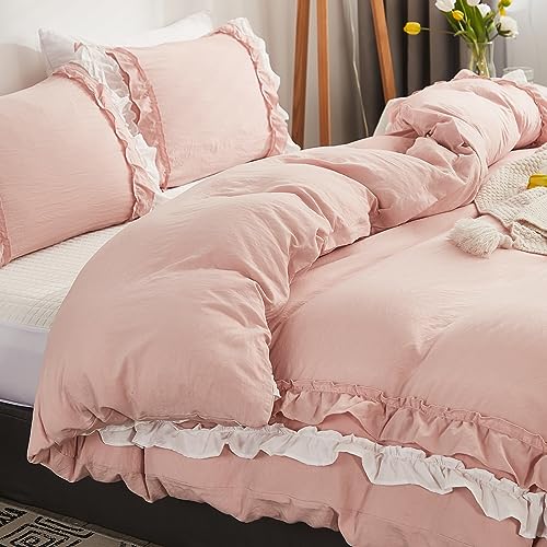 Herside Pink Duvet Cover Set Ruffle Bedding Pink White Layer Ruffle Design Boho Girls Bedding Sets Single 1 Duvet Cover 1 Pillowcase WhitePink Single