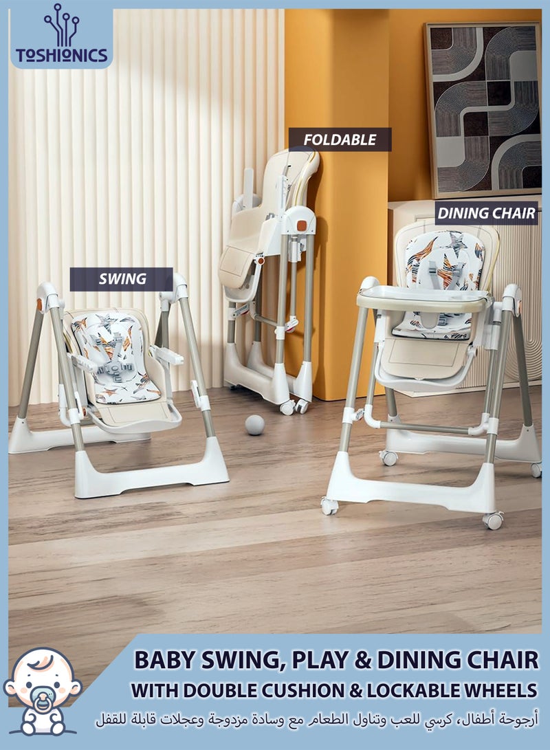توشيونيكس كرسي طعام وأرجوحة للأطفال 3 في 1 - ارتفاع وإمالة قابلان للتعديل، صينية مزدوجة مع فتحة للزجاجة والجهاز اللوحي، خالٍ من مادة BPA، حزام أمان خماسي النقاط، عجلات قابلة للقفل - كرسي مناسب للأطفال الصغار - Image 1