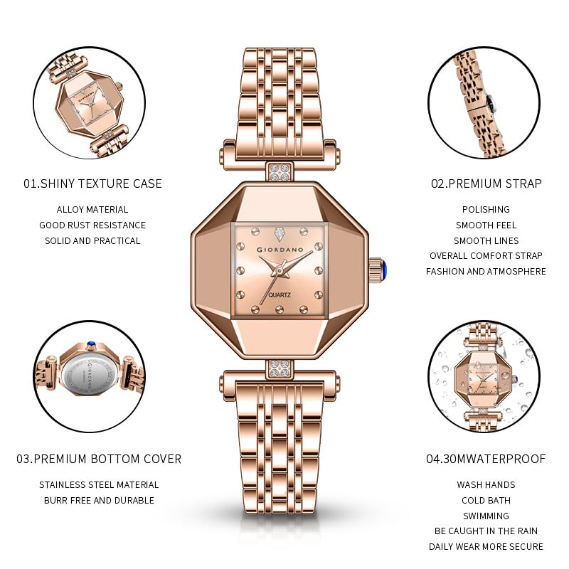 Giordano Dress Watch for Women – Rose Gold Finish, Diamond Accented Octagonal Dial & Stainless Steel Strap - Image 5
