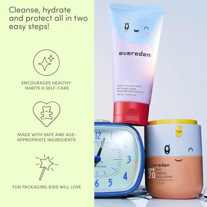 Evereden رباط رأس سبا للأطفال من هابي مورنينغ ديو للفتيات: مجموعة العناية بالبشرة النظيفة والنباتية | غسول وجه سحابي + كريم وجه معدني SPF 20 | غير سام | سهل الاستخدام للعناية بالبشرة - Image 4