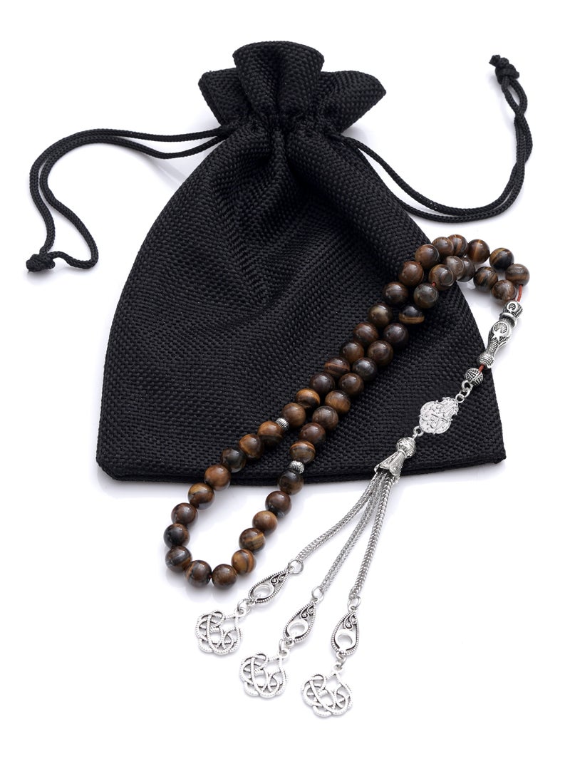 Subhati Prayer Beads (Misbah) with metal Parts and Tiger Eye Stone | 8 MM Beads - 45 Pcs | Gandeel writing 2  - Image 3