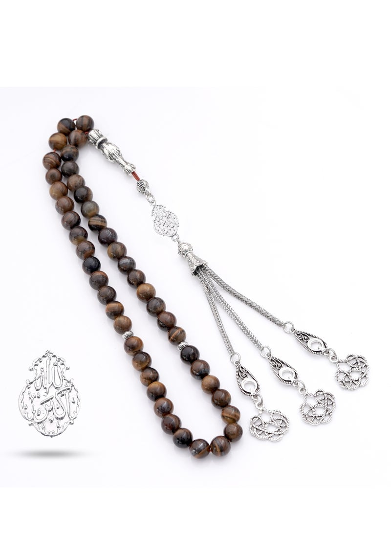 Subhati Prayer Beads (Misbah) with metal Parts and Tiger Eye Stone | 8 MM Beads - 45 Pcs | Gandeel writing 2  - Image 2