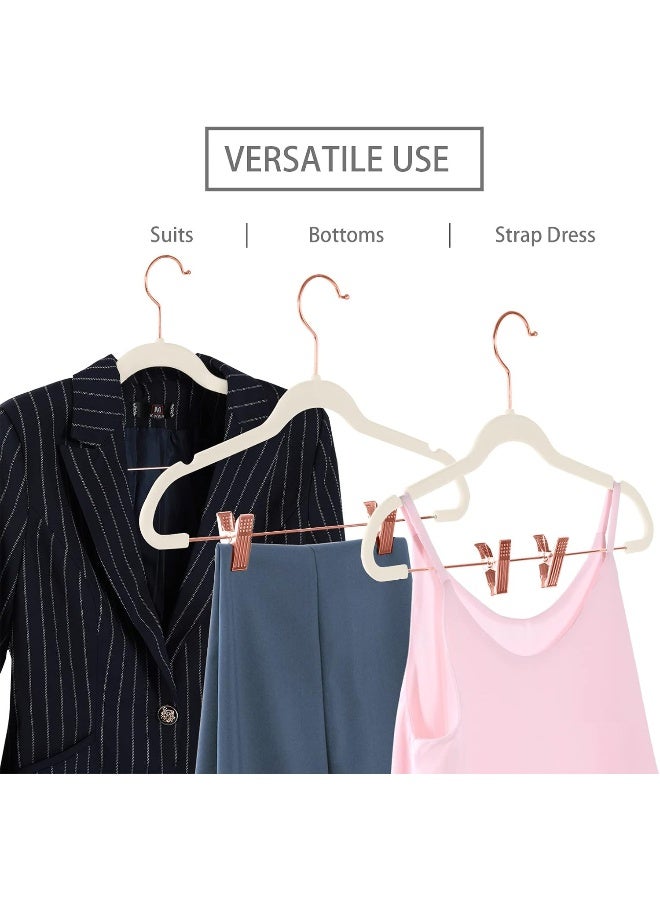 MIZGI Premium Velvet Pants Hangers with Clips Slim Skirt Hangers- Non Slip Felt Outfit Dress Hangers, Space Saving Shirt Clothes Hangers, Copper/Rose Gold Hooks, Ivory, (Pack of 20) - Image 4
