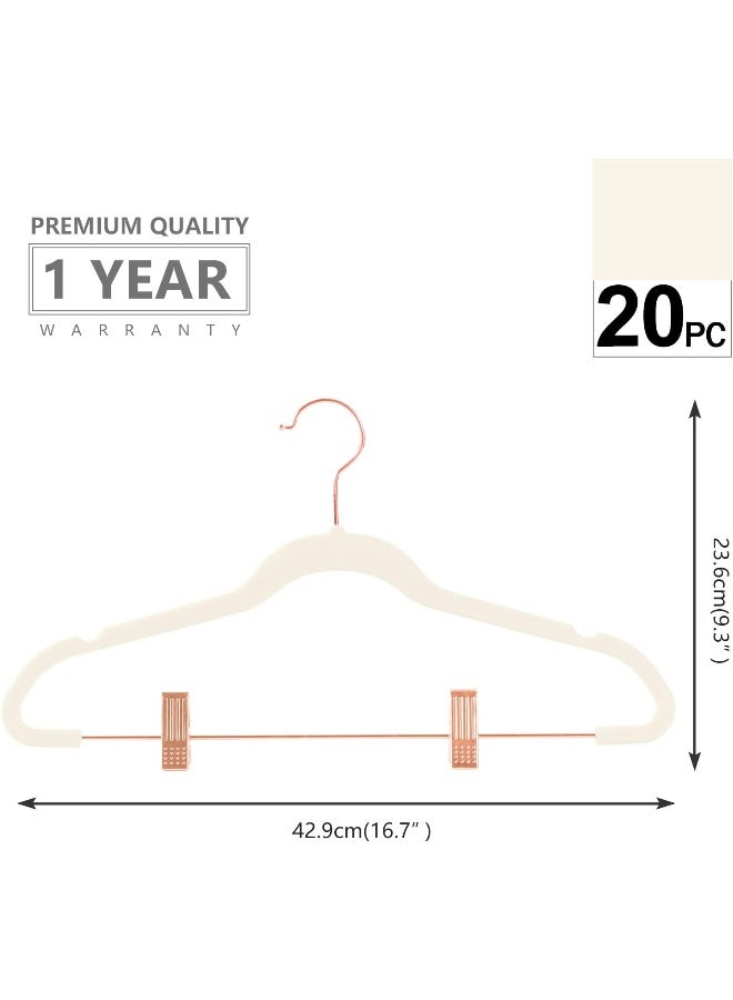 MIZGI Premium Velvet Pants Hangers with Clips Slim Skirt Hangers- Non Slip Felt Outfit Dress Hangers, Space Saving Shirt Clothes Hangers, Copper/Rose Gold Hooks, Ivory, (Pack of 20) - Image 2