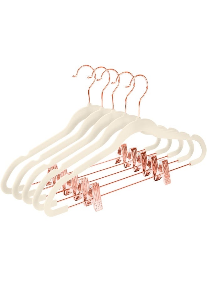 MIZGI Premium Velvet Pants Hangers with Clips Slim Skirt Hangers- Non Slip Felt Outfit Dress Hangers, Space Saving Shirt Clothes Hangers, Copper/Rose Gold Hooks, Ivory, (Pack of 20) - Image 1