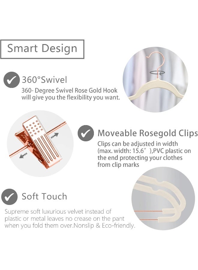 MIZGI Premium Velvet Pants Hangers with Clips Slim Skirt Hangers- Non Slip Felt Outfit Dress Hangers, Space Saving Shirt Clothes Hangers, Copper/Rose Gold Hooks, Ivory, (Pack of 20) - Image 3