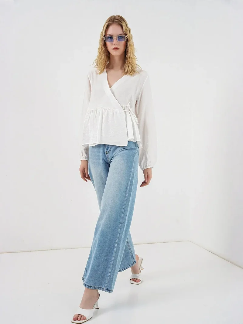 BIG DART BDART V-Neck Tie Detail Crepe Wrap Blouse