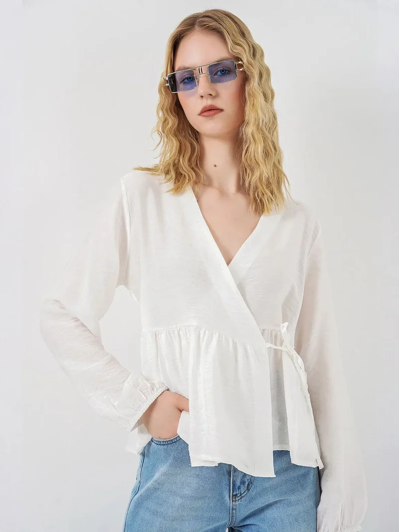 BIG DART BDART V-Neck Tie Detail Crepe Wrap Blouse